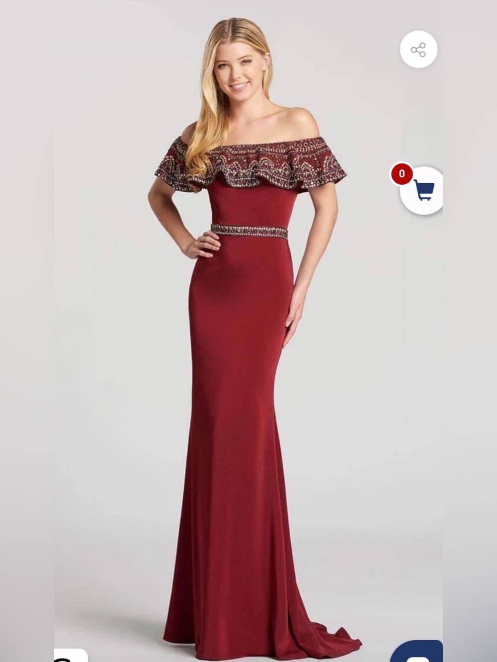 Ellie Wilde Wine/Burgundy Off-the-Shoulder Evening Gown with Embellished Ruffle